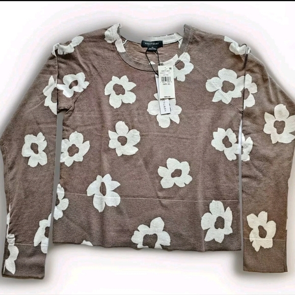 Sanctuary All Day Long Sweater Flower Pop Size XS Cocoa Brown/Tan Crew Soft NWT - Picture 1 of 4